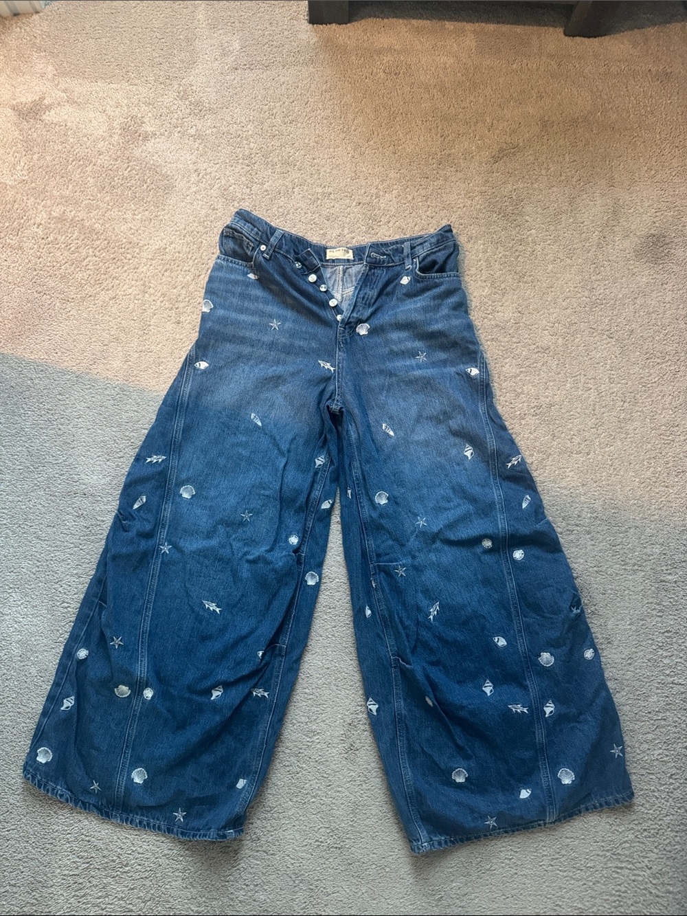 We The Free Wide Leg Embroidered Blue Denim Jeans